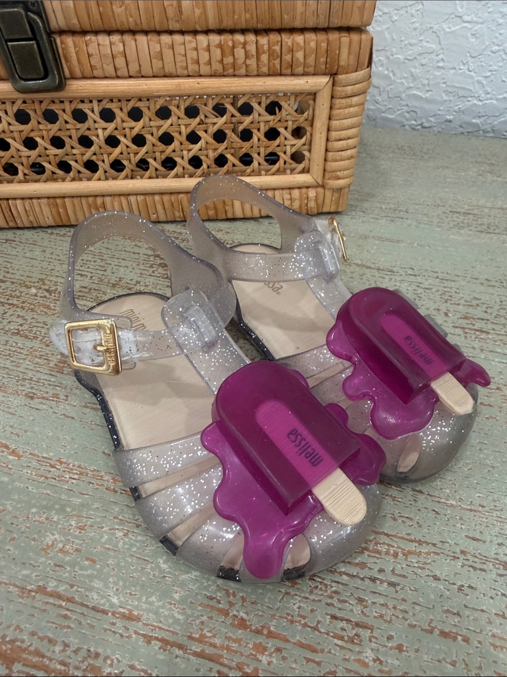 Mini Melissa Clear Glitter Jelly Sandals with Purple Popsicle Detail